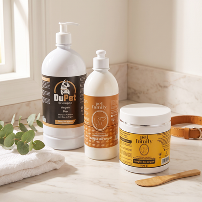 Kit Argan Pet Hidratação e Brilho Shampoo 1L + Condicionador + Máscara 500g - Cães/Gatos