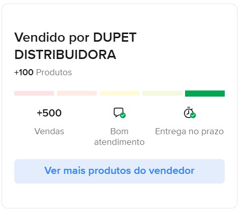 Perfil de vendedor DUPET DISTRIBUIDORA no Mercado Livre, com mais de 500 vendas, mais de 100 produtos, bom atendimento e entrega no prazo