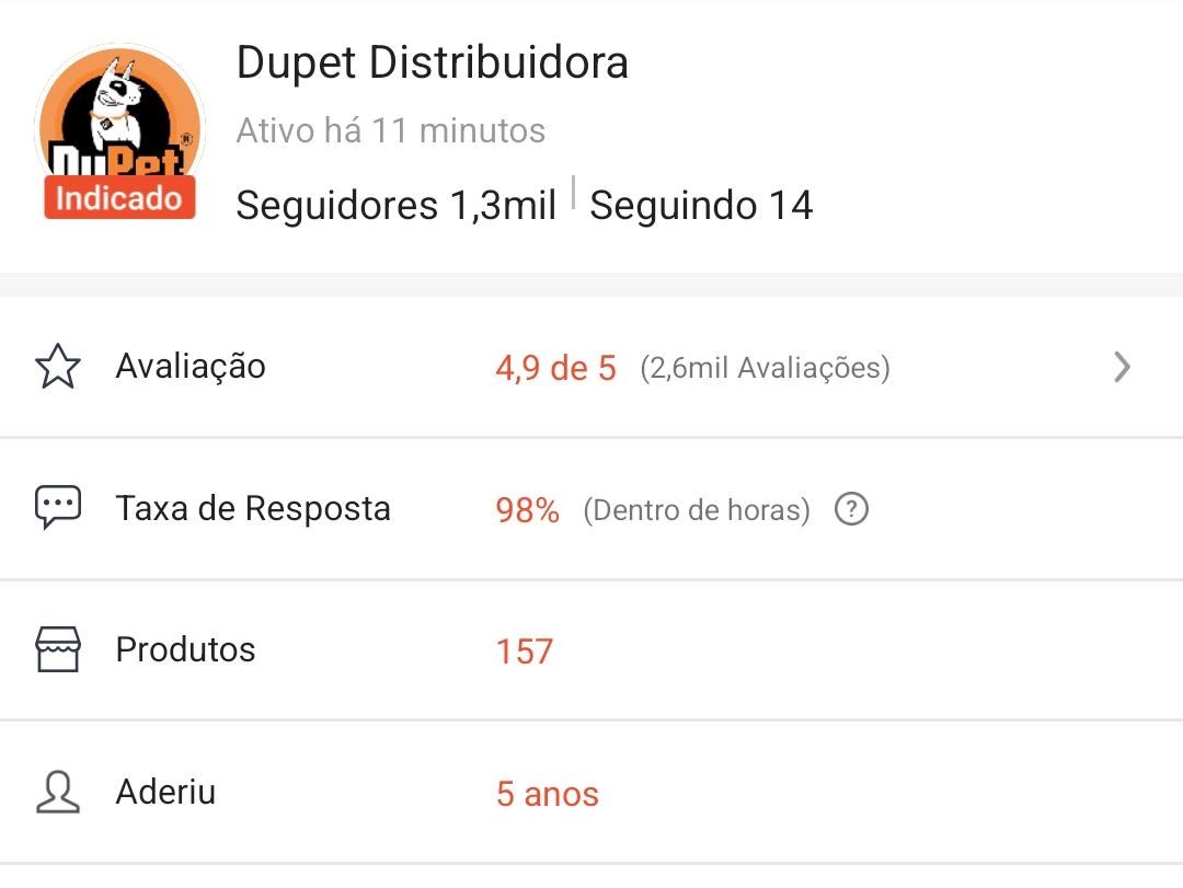 Perfil DuPet Distribuidora na Shopee: avaliação 4,9 de 5 com 2,6 mil avaliações, taxa de resposta 98% em horas, 157 produtos, 1,3 mil seguidores, há 5 anos na plataforma